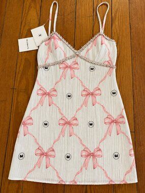Coquette Mini Dress - Pink Bows with Crystal Gemstones Trim S/M NWT